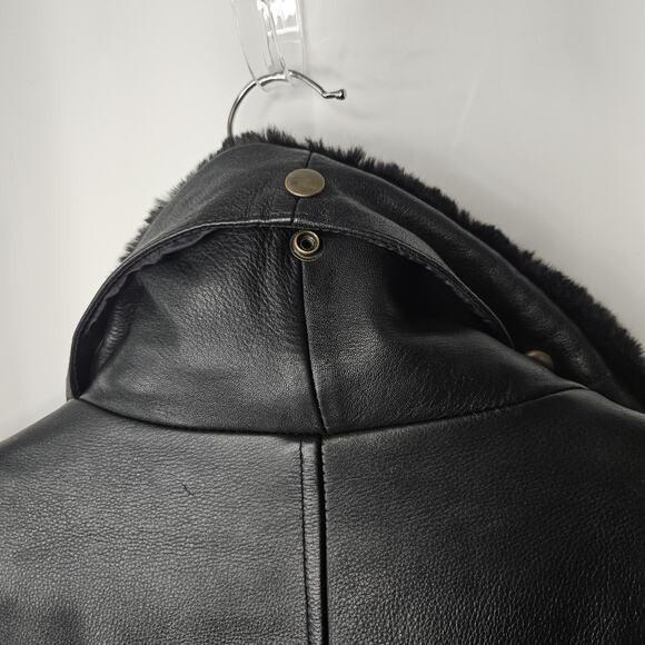 Vtg 90s Tannery West Black Leather Jacket Mens Large Belted Coat Faux Fur Trim - Picture 14 of 14